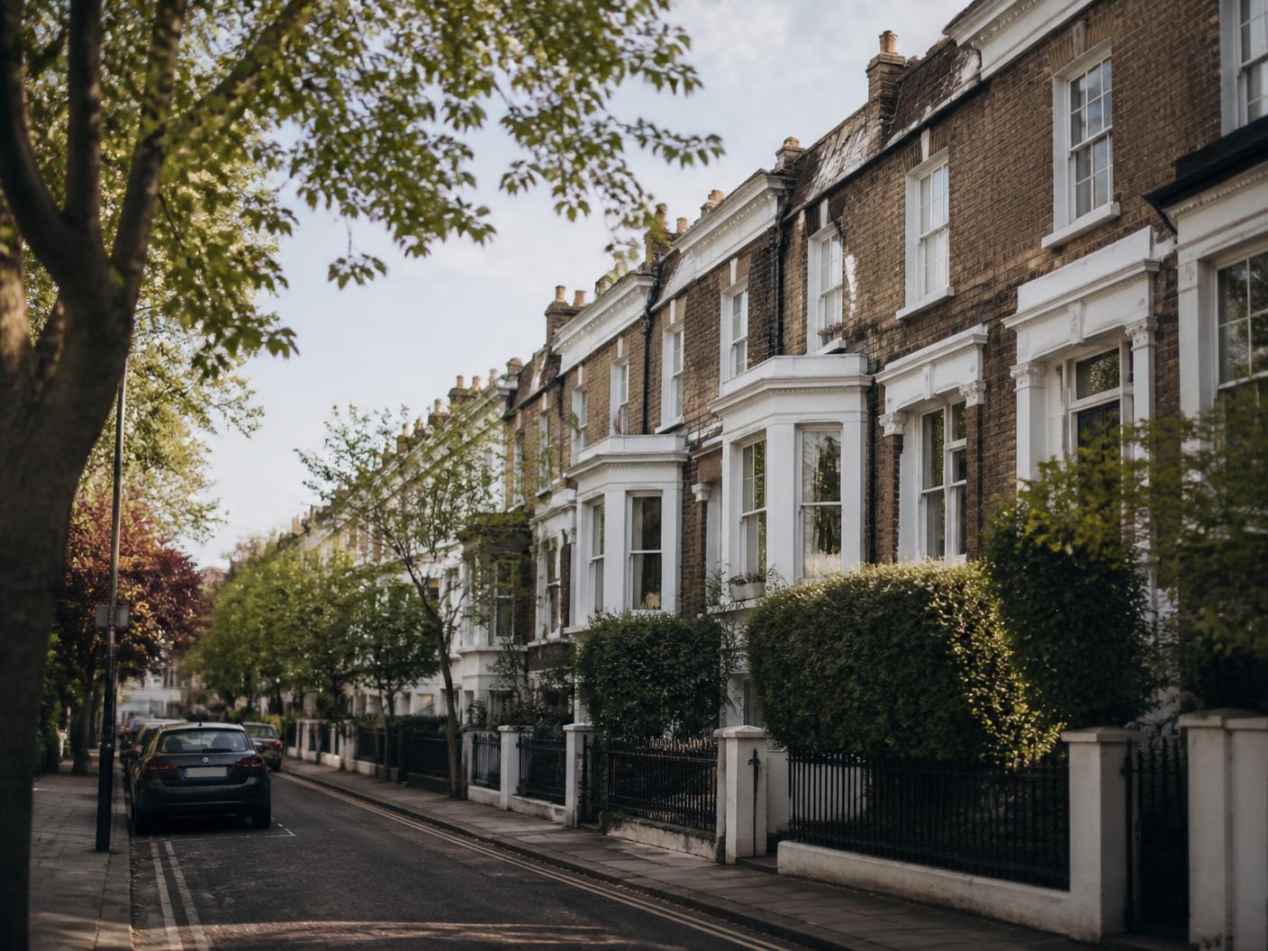 A quiet London residential street with classic Victorian terraced houses in soft morning light