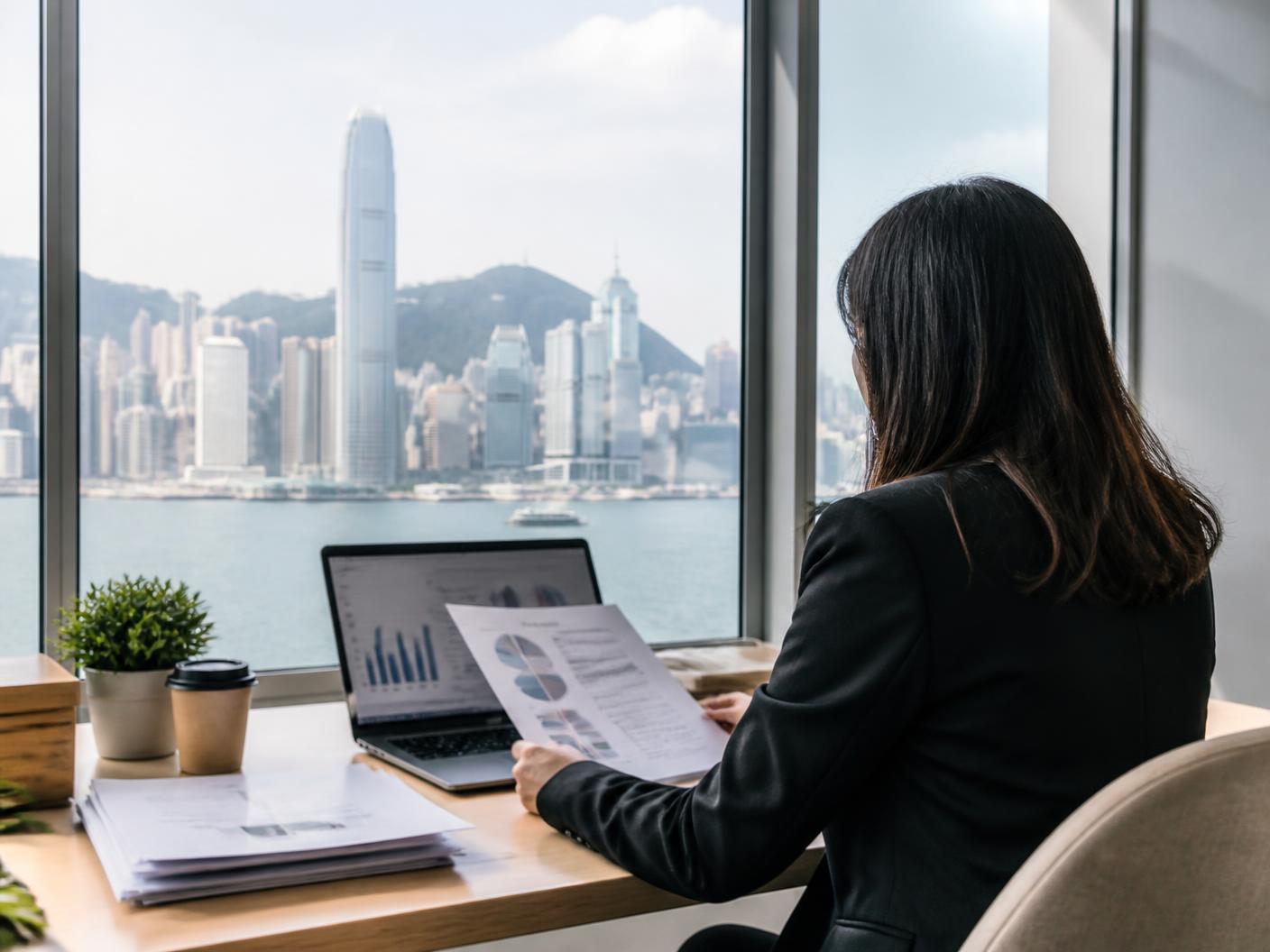 Adviser reviewing cross border tax documents with a Hong Kong skyline in the background
